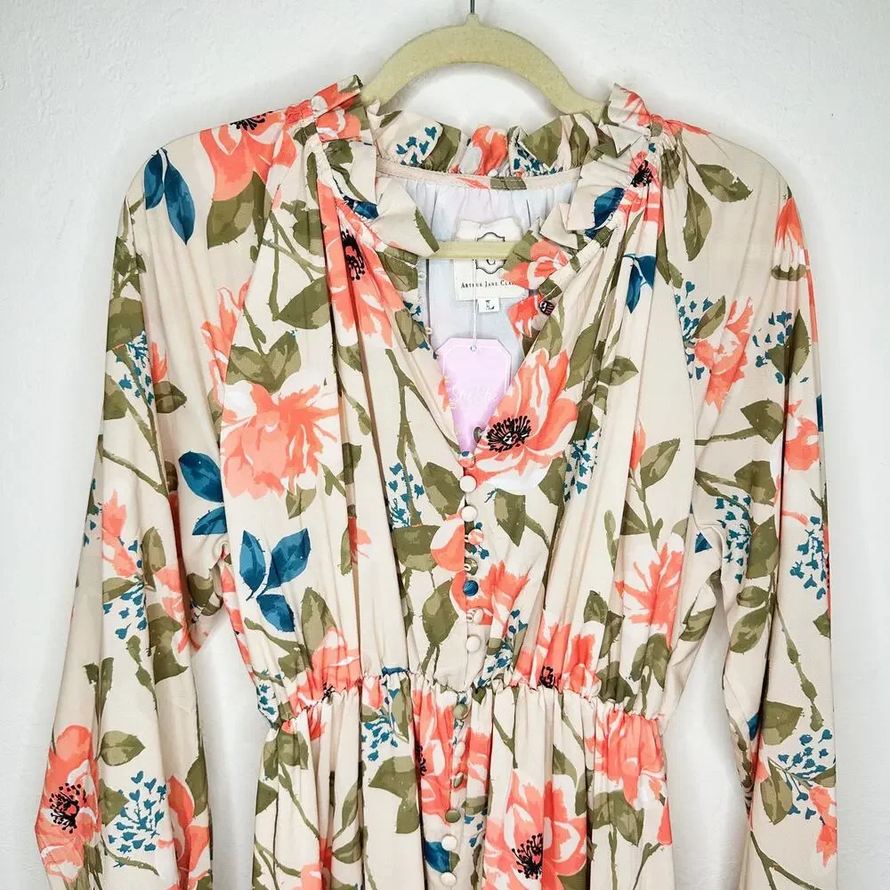 NWT Arthur Jane Claire Ruffle Neck Floral Long Sleeve Button Up Midi Dress Large - Picture 2 of 14